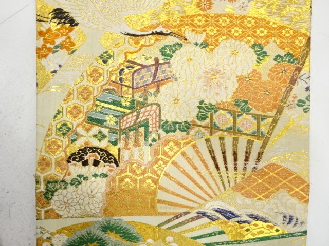  アンティーク　扇に御所車・鶴・古楽器模様織り出し丸帯（着用可）